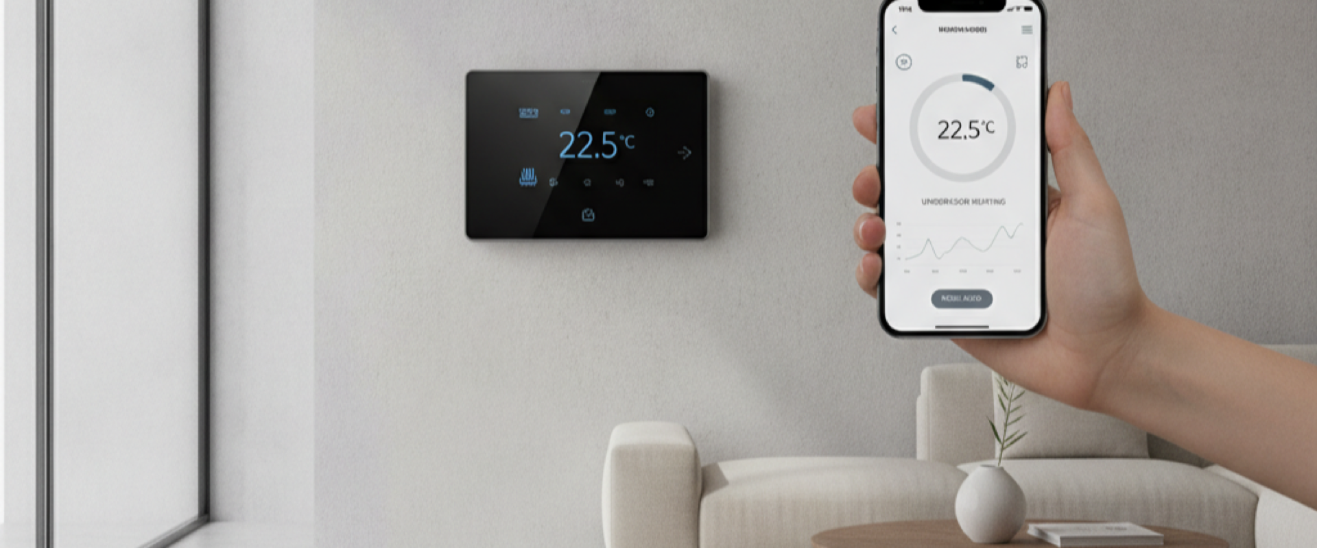 Программируемый Wi-Fi терморегулятор тёплого пола на стене и управление обогревом через приложение на смартфоне